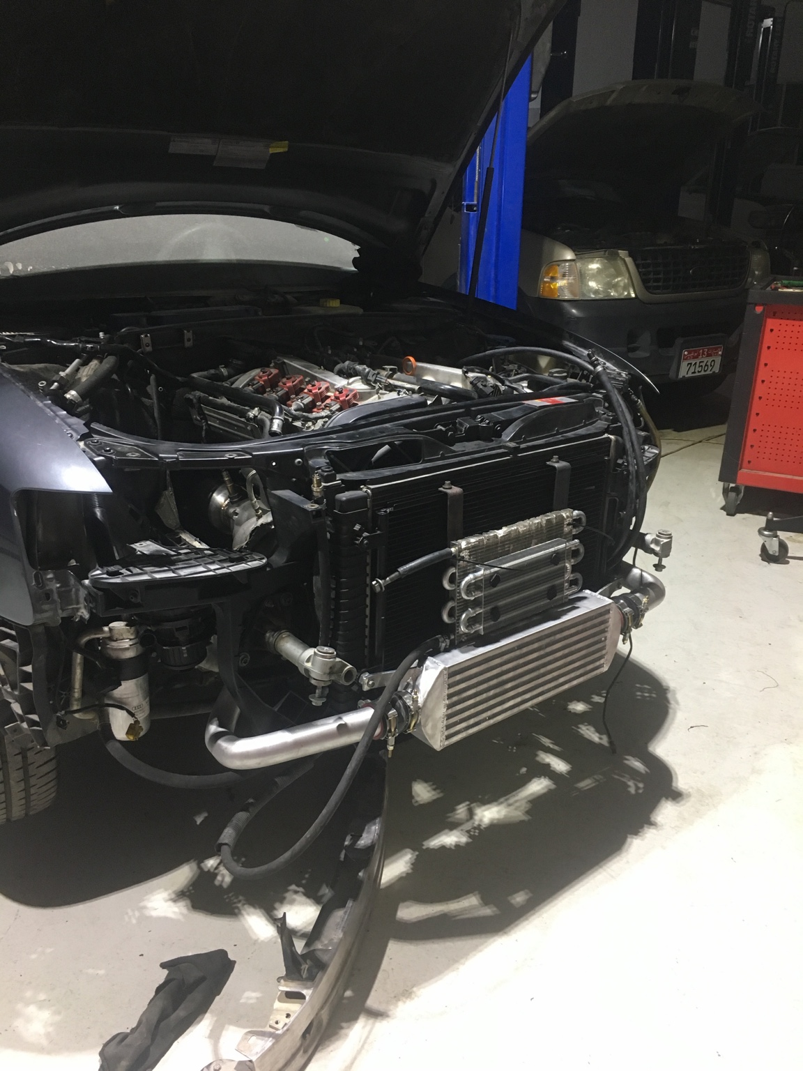 Front of Audi with intercooler and auxiliary transmission cooler fitted
