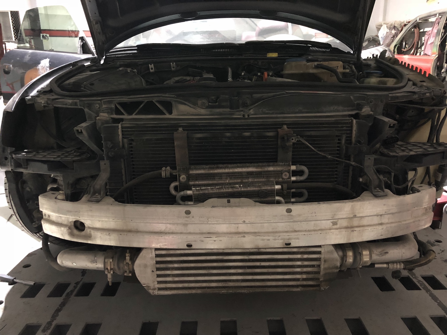 Hanz with front bumper off and front-mount intercooler installed